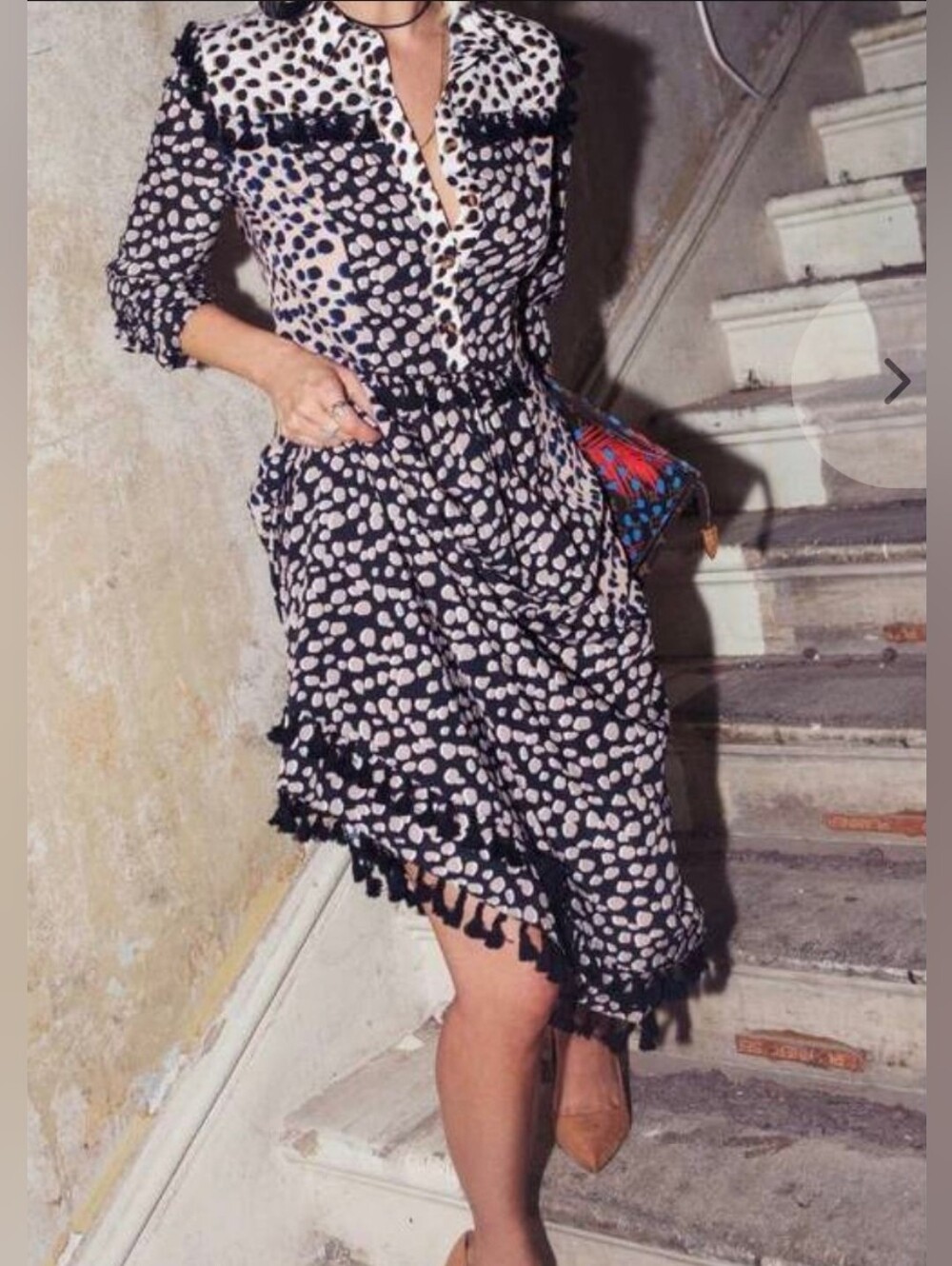 NEVER FULLY DRESSED Black and Tan Printed Tassel Hem Dress SIZE MEDIUM